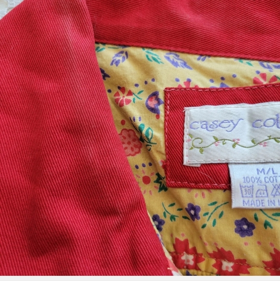 Casey Coleman Embroidered Collared Denim Jacket Red Size M / L Flowers Gardening - Picture 11 of 12